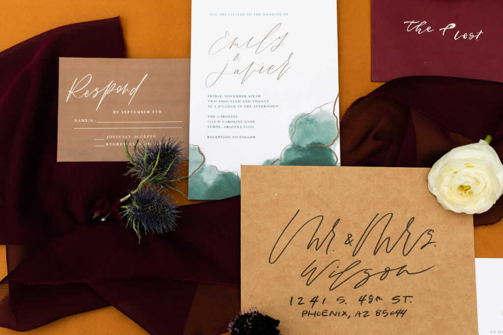 invitations for a winter theme wedding reception and ceremony
